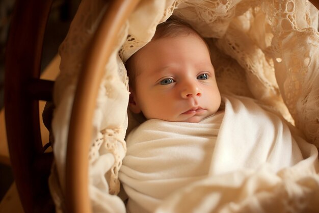 Foto retrato de un adorable recién nacido en la cuna