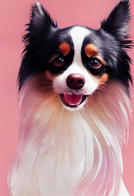 Retrato adorável e engraçado de um cachorrinho fofo da raça papillon, de pé, olhando para a frente