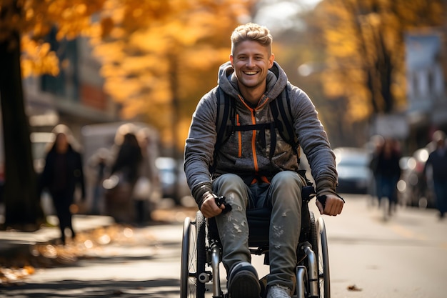Retrato de un adulto feliz discapacitado en silla de ruedas que viaja en la ciudad