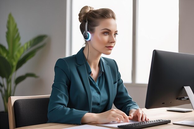 Retrato afirmativo de una mujer con audífono haciendo análisis de negocios IA generativa