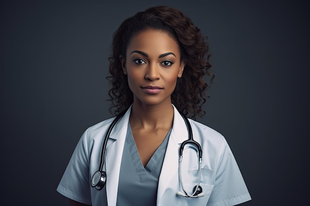 Retrato africano-americano de um médico de uma menina com um estetoscópio em um fundo cinza