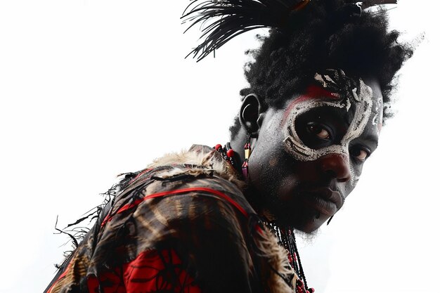 Foto retrato de un africano vestido como un hombre de mascarada