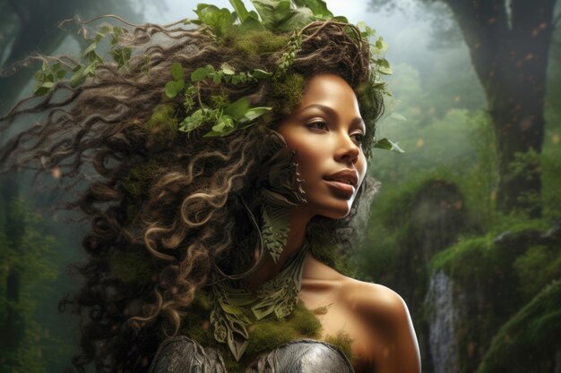 Retrato afro-americano de mulher de cabelo encaracolado com folhas verdes e musgo eco biodiversidade