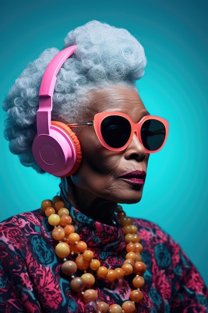 Retrato afro-americano de uma mulher idosa usando óculos cor de rosa com fones de ouvido