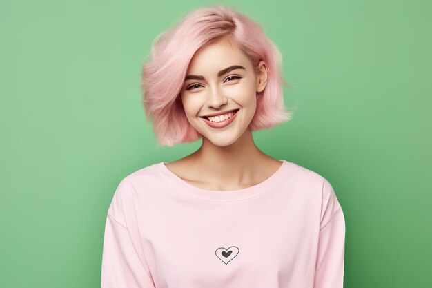 Retrato de una agradable chica sonriente con cabello rosado sobre un fondo verde oliva