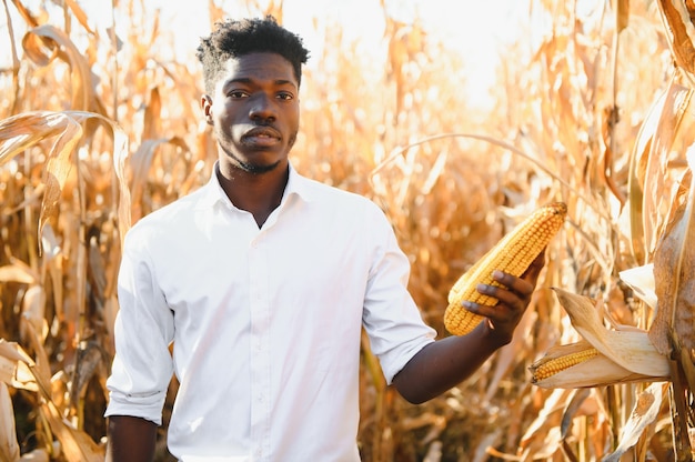 Retrato de un agricultor feliz mexicano cultivando maíz