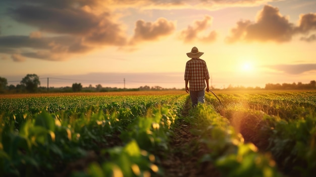 Retrato de un agricultor hábil trabajando en un campo de arroz al atardecer con un rayo dorado