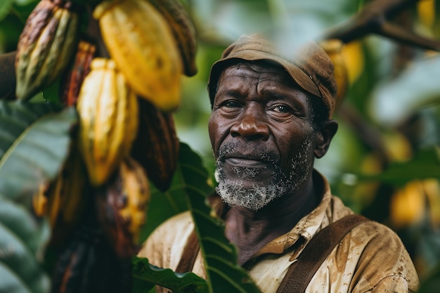 Foto retrato de un agricultor con vainas de cacao que destaca la agricultura sostenible