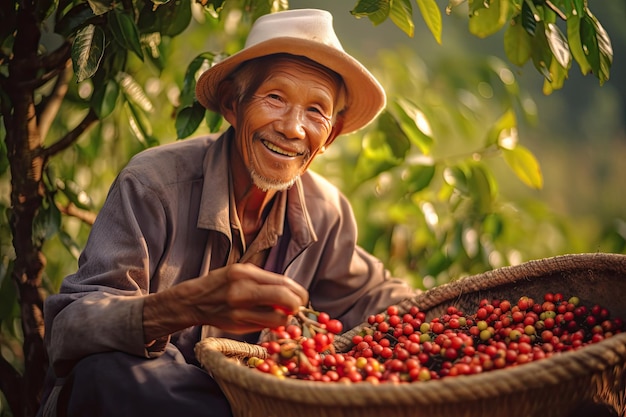 Retrato de agricultores vietnamitas felices En el fondo hay un granjero recogiendo bayas de café Arábica y Robusta Generative Ai