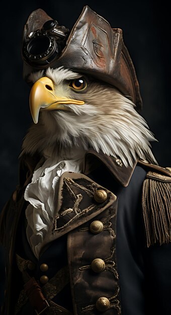 Retrato del águila Capitán pirata Vestido Tricornio alado Sombrero espejista Emb Diseño de moda Arte de vestuario