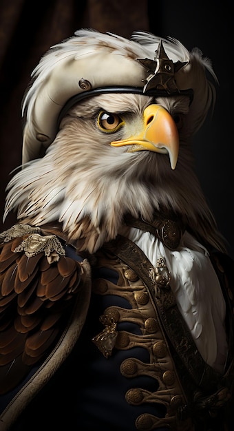 Retrato del águila Capitán pirata Vestido Tricornio alado Sombrero espejista Emb Diseño de moda Arte del vestuario