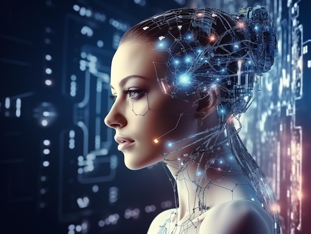 Retrato de AI futurista Mujer ciborg joven con perfil Vea el concepto de AI