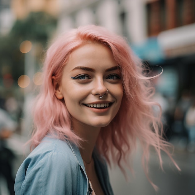 Retrato ai generativo jovem rebelde asiático de cabelo rosa mulher olhando para a câmera sereno e confiante