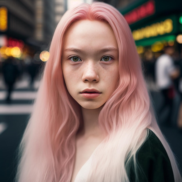 Retrato ai generativo jovem rebelde asiático de cabelo rosa mulher olhando para a câmera sereno e confiante