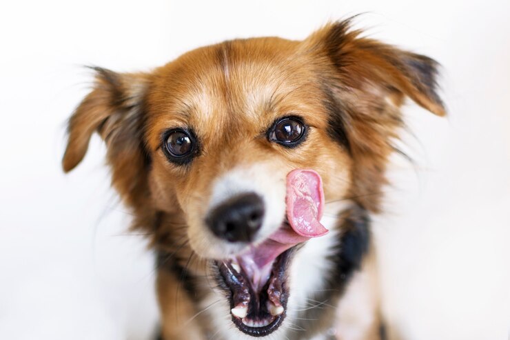 Retrato aislado de un perro con la lengua afuera.