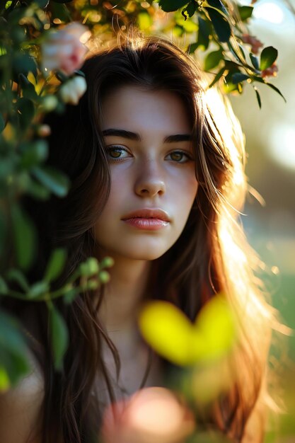 Retrato al aire libre de una hermosa mujer joven con cabello largo y marrón