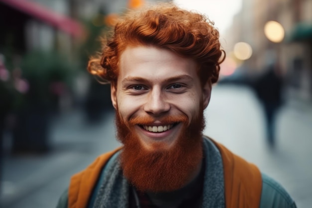 Retrato al aire libre de un joven apuesto y sonriente jengibre con barba