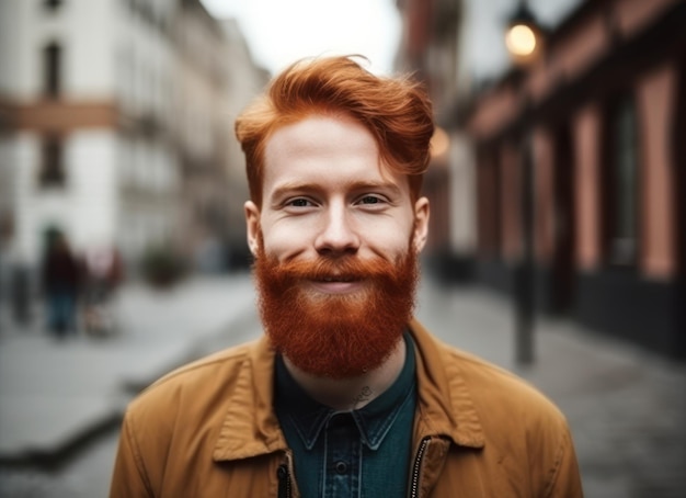 Retrato al aire libre de un joven apuesto y sonriente jengibre con barba