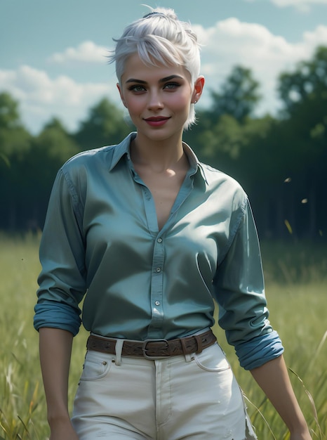 Retrato al aire libre de una joven y hermosa chica hipster posando en el campo