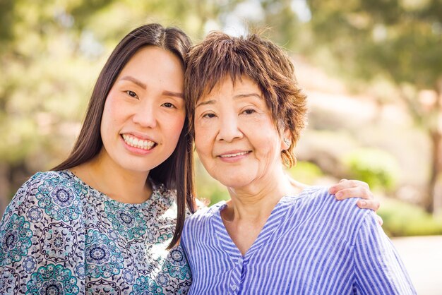 Retrato al aire libre de una madre y una hija chinas felices