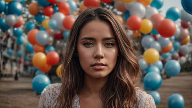 Retrato al aire libre predeterminado mujer hermosa con globos