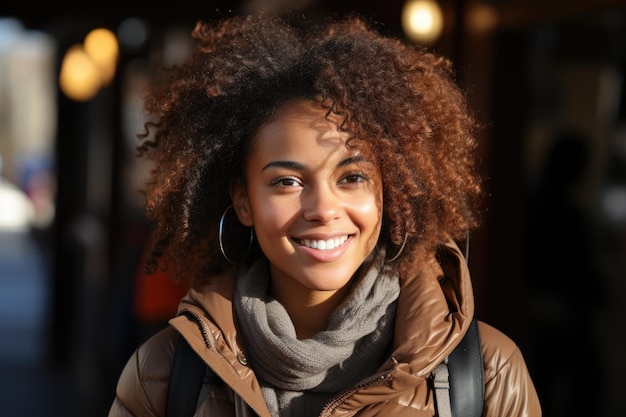 Retrato al aire libre de una turista feliz con el pelo rizado Mujer mirando a la cámara