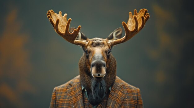 Retrato de un alce en un elegante traje de negocios capturado en un entorno de estudio de fotos profesional presencia refinada y dominante AI Generative