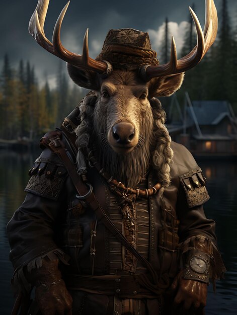 Retrato de alce pirata bosque marinero traje con cuernos sombrero tricornio Woo diseño de moda arte de vestuario