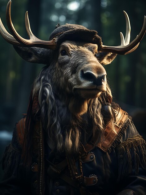 Retrato de alce pirata bosque marinero traje con cuernos sombrero tricornio Woo diseño de moda arte de vestuario