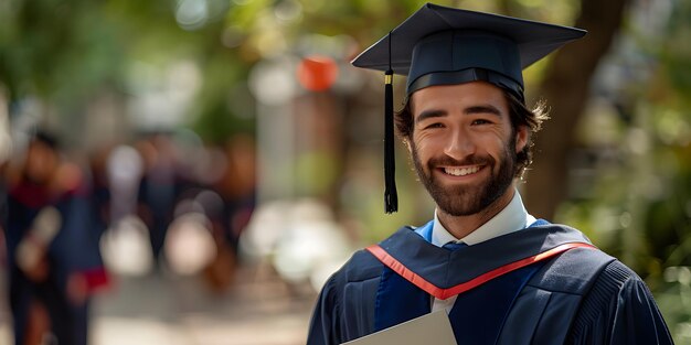 Foto retrato alegre de jovem graduado em papel de argamassa e vestido de solteiro conceito de cerimônia de formatura parabéns aos graduados em formação universitária com espaço de cópia