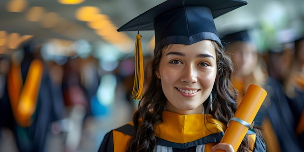 Retrato alegre de uma jovem graduada em papel de argamassa e vestido de solteiro conceito de cerimônia de formatura Parabéns aos graduados em formação universitária com espaço de cópia