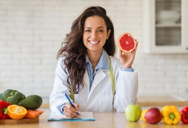 Retrato de una alegre dietista sosteniendo pomelo recomendando alimentos frescos trabajando en la clínica