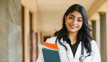 Foto retrato alegre estudante indiano de mbbs abraçando a jornada médica