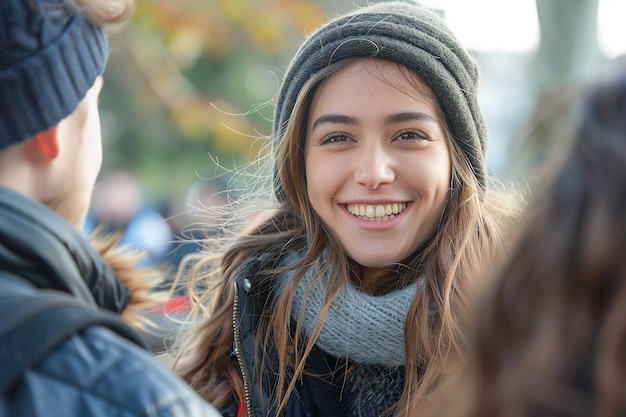 Retrato alegre de una estudiante hablando con sus amigas universitarias