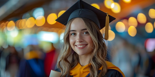 Retrato alegre de una joven graduada en cartón de mortero y vestido de soltero concepto de ceremonia de graduación Felicitación a los graduados en antecedentes de educación universitaria con espacio de copia