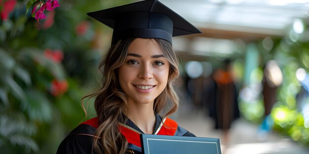 Retrato alegre de una joven graduada en cartón de mortero y vestido de soltero concepto de ceremonia de graduación Felicitación a los graduados en antecedentes de educación universitaria con espacio de copia