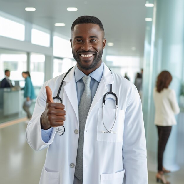 Retrato alegre de un médico afroamericano en una bata blanca