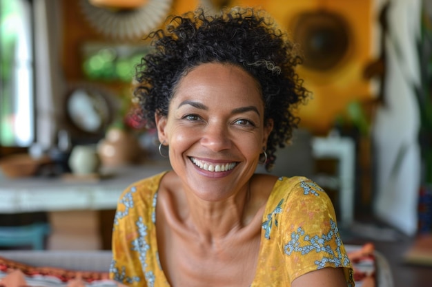 Retrato de una alegre mujer africana de mediana edad en casa