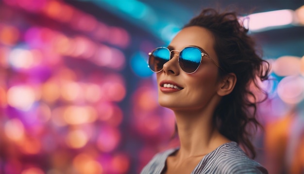 Retrato alegre de una mujer con gafas de sol sobre un fondo vívido
