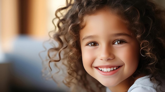 Retrato alegre niña feliz con el cabello rizado