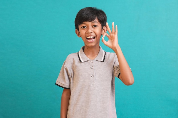 Retrato de un alegre niño asiático que muestra un gesto correcto aislado en el fondo verde