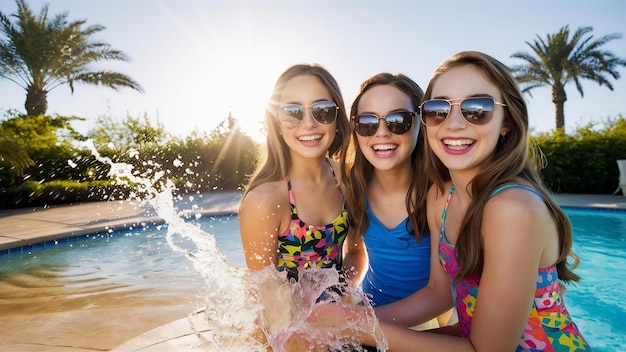 El retrato de alegres y sonrientes niñas adolescentes hermosas en la piscina