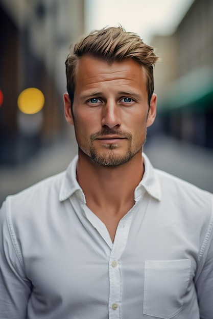 Retrato de un alemán de 35 años con una camisa blanca