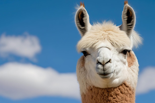 Retrato de alpaca blanca contra un fondo azul cielo camélido de América del Sur