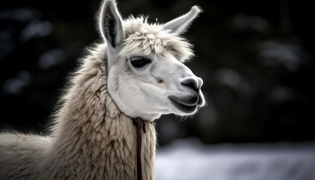 Retrato de alpaca esponjosa linda y mirando fijamente generada por IA