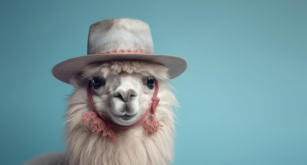 Retrato de una alpaca con sombrero IA generativa