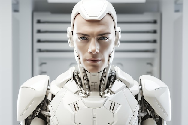 Foto retrato altamente detalhado homem robô futurista atraente olhando intensamente para a câmera