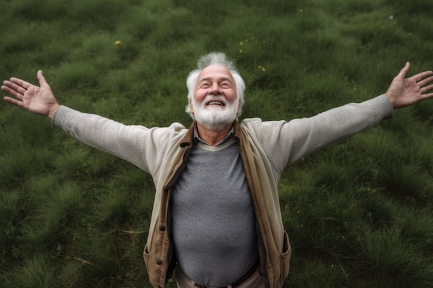 Foto retrato de alto ángulo de un hombre mayor de pie con los brazos extendidos en el campo al aire libre