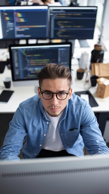 Retrato en alto ángulo de un joven ingeniero de software escribiendo código en el lugar de trabajo con múltiples pantallas de computadora