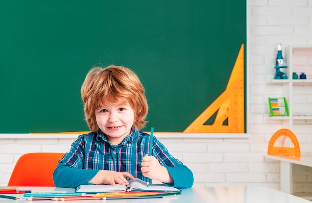 Retrato de un alumno de la escuela primaria estudiando en el interior Un alumno aprendiendo letras y números Un lindo niño preescolar con un maestro estudiando en un aula